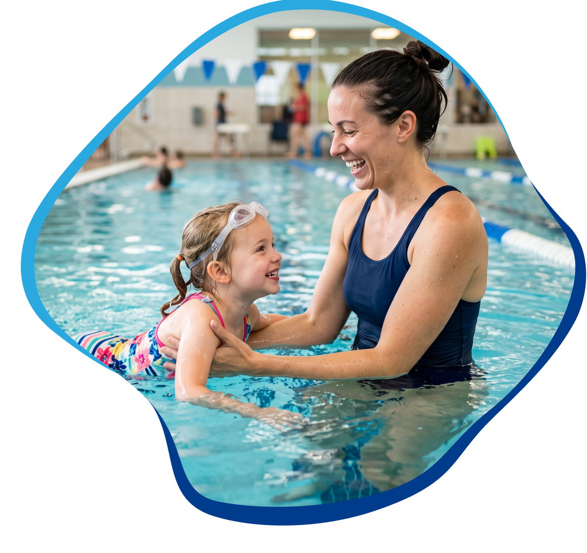 Friendly Dolphin swimming instructor teaching young child in pool